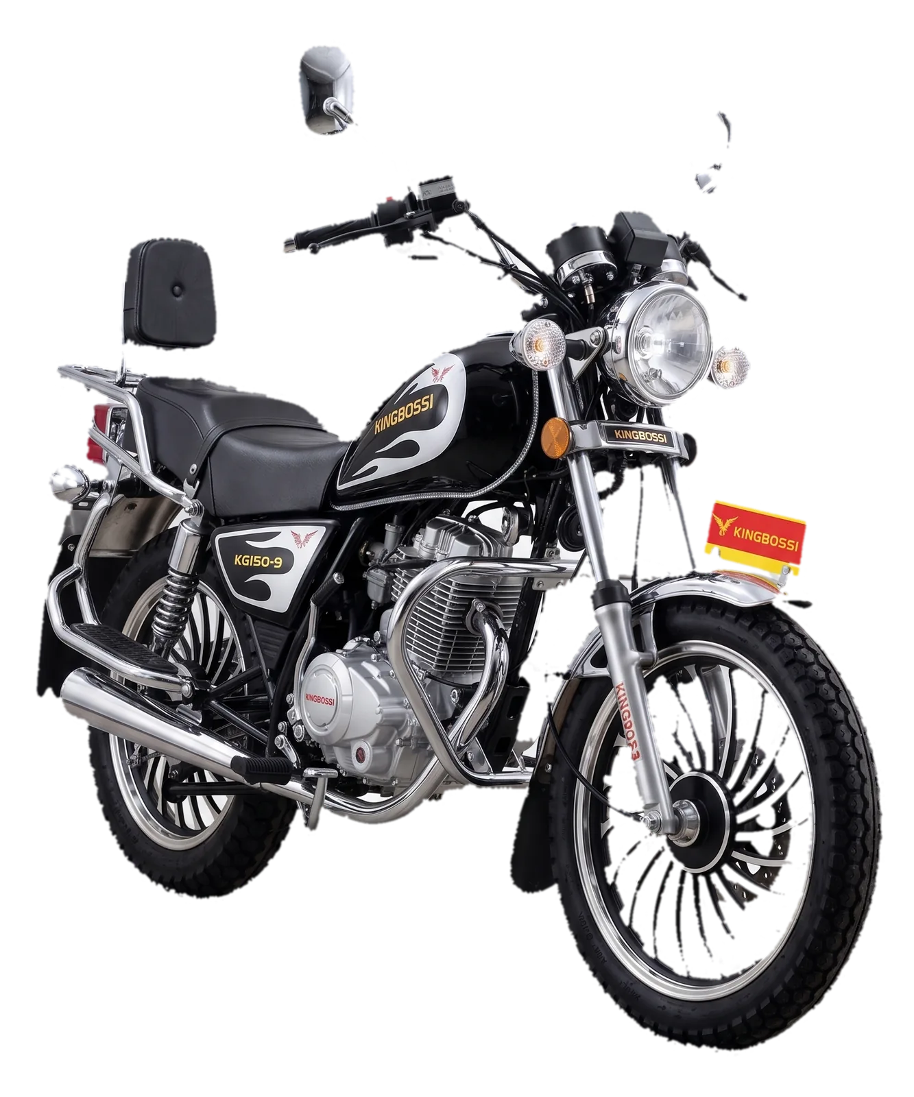 Kingbossi KG150-9 motorcycle, black with white flame tank graphics