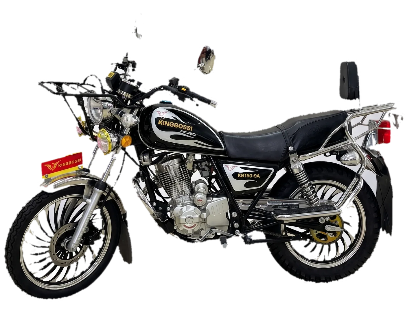 Kingbossi KB150-9A motorcycle, black with a chrome rear rack and passenger backrest